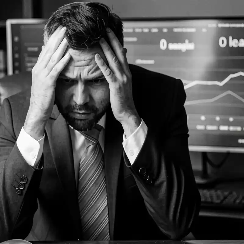 Entrepreneur stressé analysant les performances d'un site web qui ne génère pas de clients sur Google Analytics